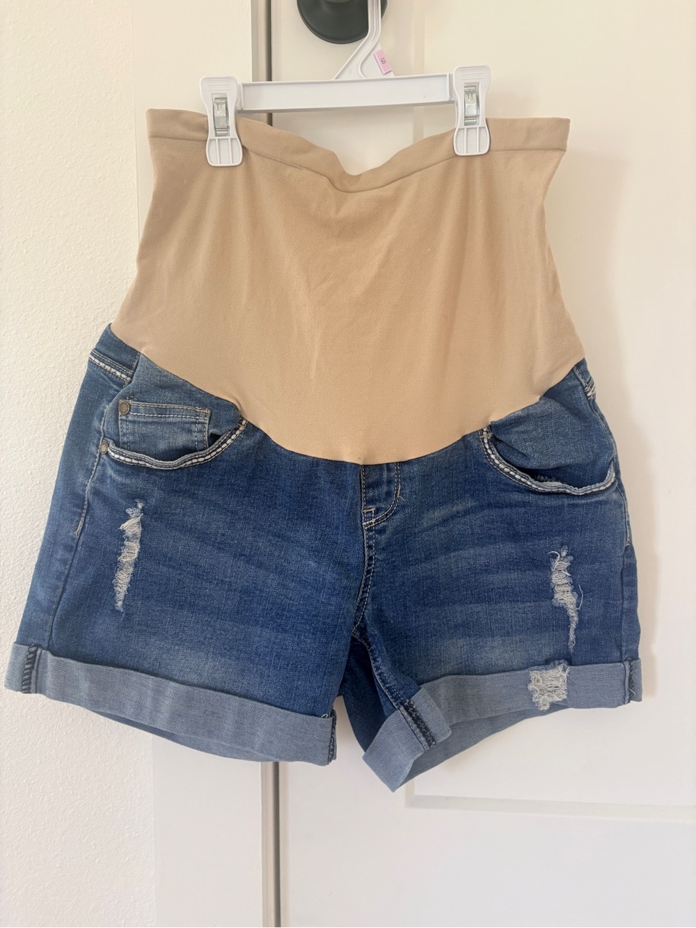 Indigo Blue High-Waist Maternity Denim Shorts in Blue and Nude Stretch